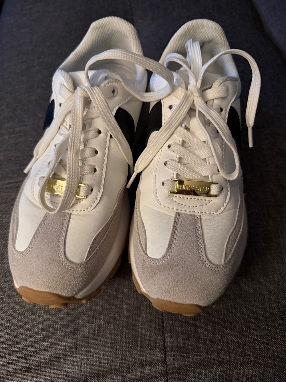 Lucky Step white and Gray Lace-Up Sneakers with Black Accent